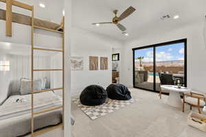 Sitting room with carpet, visible vents, ceiling fan, and recessed lighting