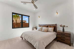 Bedroom featuring recessed lighting, visible vents, light carpet, ceiling fan, and baseboards