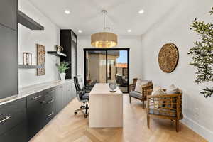 Office featuring baseboards, visible vents, and recessed lighting