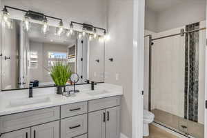 Full bathroom featuring double vanity, a sink, toilet, and a shower stall