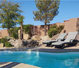 View of pool featuring a mountain view, a fenced backyard, and a fenced in pool