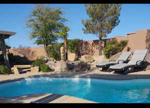 View of pool with a fenced backyard and a fenced in pool