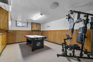 Game room featuring a wainscoted wall, light colored carpet, and wooden walls