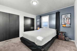 Bedroom with light colored carpet, visible vents, and two closets