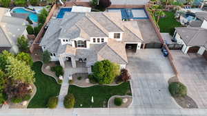 View from above of property featuring a pool