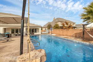 View of pool with a patio, a fenced backyard, and a fenced in pool