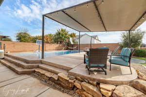 View of patio featuring a fenced in pool and a fenced backyard