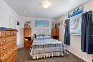 Bedroom with carpet, visible vents, and baseboards