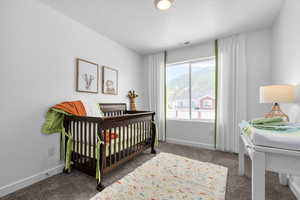 Carpeted bedroom featuring baseboards, visible vents, and a textured ceiling