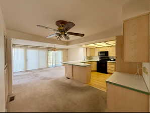 Kitchen featuring sliding glass doors providing plenty of natural lighting, light carpet, a sink, ceiling fan, black appliances