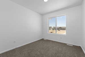 Spare room featuring visible vents, dark carpet, a textured ceiling, and baseboards