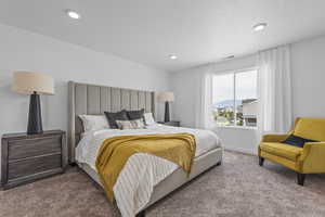 Bedroom featuring carpet, visible vents, baseboards, and recessed lighting