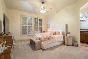 Bedroom featuring ceiling fan, carpet floors, visible vents, and baseboards