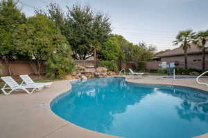 View of swimming pool featuring a fenced backyard, a fenced in pool, and a patio