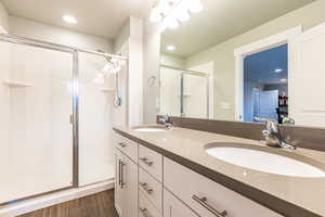 Bathroom with wood finished floors, a sink, and a shower stall