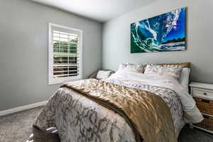 Bedroom with carpet floors and baseboards