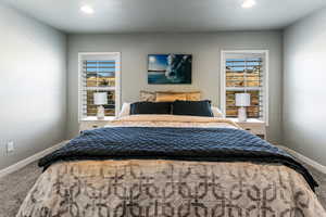 Bedroom with multiple windows, carpet flooring, and baseboards