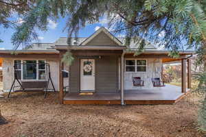 Front of house - lots of privacy from hedges along the fence, and two large pine trees in the front yard. Plus a wrap around porch with two adorable swings!