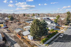 Aerial view of the front yard and garage