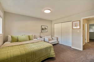 Bedroom with baseboards, dark carpet, and a closet