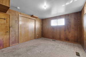 Empty room with carpet floors, visible vents, and wood walls