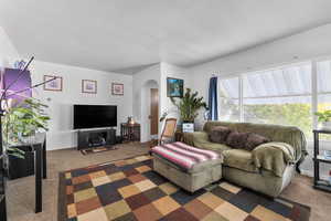 Carpeted living area with arched walkways