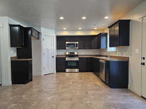 Kitchen featuring baseboards, stainless steel appliances, a sink, and recessed lighting