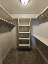 Walk in closet with dark carpet