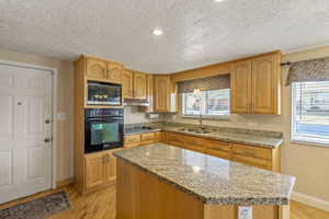 Kitchen with a wealth of natural light, light wood-style flooring, a sink, under cabinet range hood, and black appliances