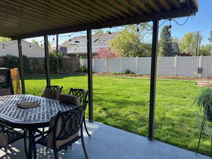 View of patio featuring outdoor dining area and a fenced backyard