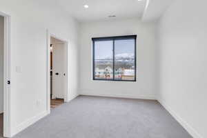 Spare room featuring recessed lighting, baseboards, visible vents, and light colored carpet