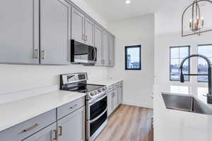 Kitchen with hanging light fixtures, light countertops, gray cabinetry, double oven range, and a sink