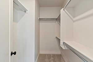 Walk in closet with carpet flooring