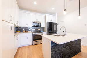 Kitchen with light wood-style flooring, a sink, stainless steel appliances, white cabinetry, and backsplash