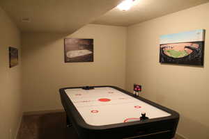 Playroom featuring carpet floors, visible vents, a textured ceiling, and baseboards  (older picture)