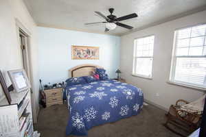 Carpeted bedroom featuring ornamental molding, a textured ceiling, baseboards, and a ceiling fan