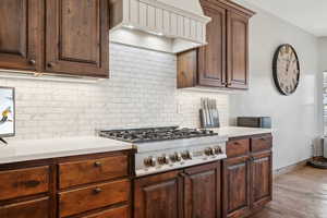 Kitchen with tasteful backsplash, dark hardwood / wood-style flooring, custom exhaust hood, stainless steel gas cooktop, and dark brown cabinetry