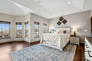 Bedroom featuring lofted ceiling, dark hardwood / wood-style flooring, and a tray ceiling