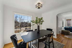 Dining room featuring arched walkways, plenty of natural light, and hardwood / wood-style flooring