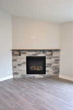 Room details with baseboards, wood finished floors, and a fireplace