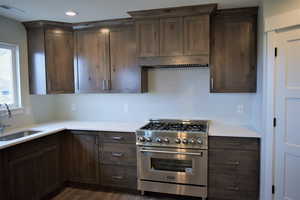 Kitchen featuring a sink, dark brown cabinets, and high end range