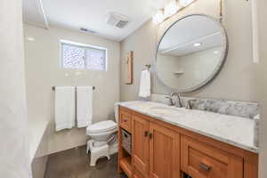 Full bathroom with shower / bath combo, visible vents, vanity, and toilet