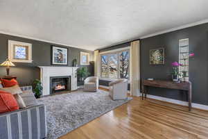 Living room featuring a fireplace with flush hearth, ornamental molding, a textured ceiling, wood finished floors, and baseboards