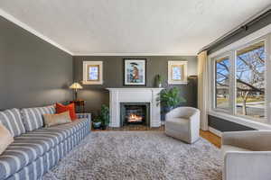 Living room with a textured ceiling, wood finished floors, a fireplace with flush hearth, baseboards, and ornamental molding