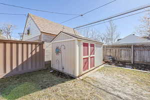 View of shed with a fenced backyard