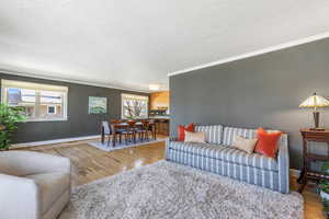 Living room featuring plenty of natural light, crown molding, and wood finished floors