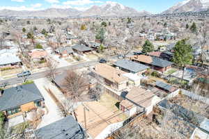 Birds eye view of property with a mountain view and a residential view