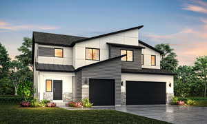 Contemporary house featuring a garage, a standing seam roof, stone siding, and concrete driveway
