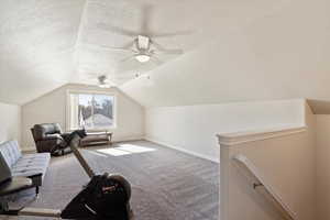 Sitting room with a textured ceiling, carpet flooring, a ceiling fan, baseboards, and vaulted ceiling