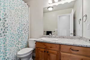 Bathroom featuring toilet, a shower with curtain, and vanity